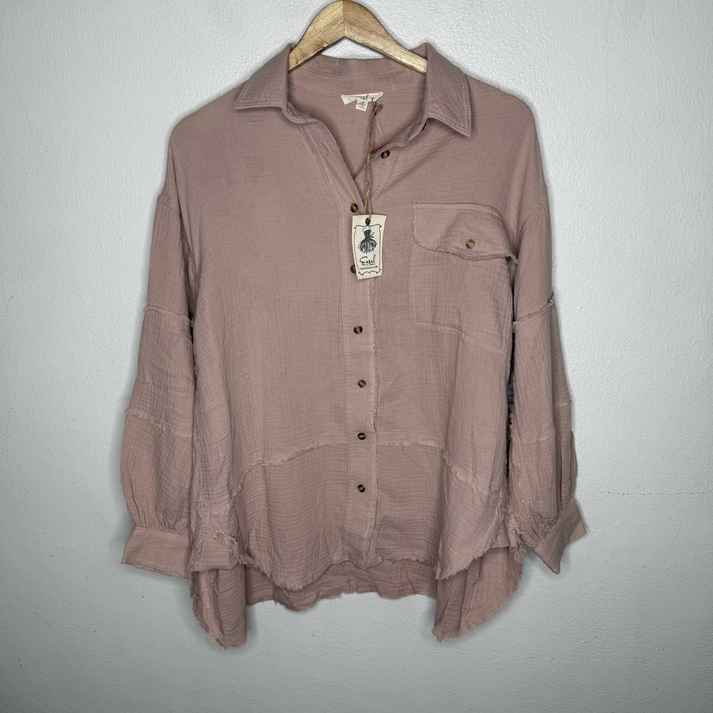 New Easel Oversized Cotton Gauze Long Balloon Sleeve Rose Button Up Shirt Small